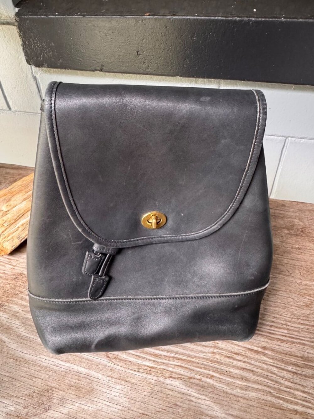 Vintage Coach 9791 Daypack Backpack Black Leather Brass Turnlock 1990s